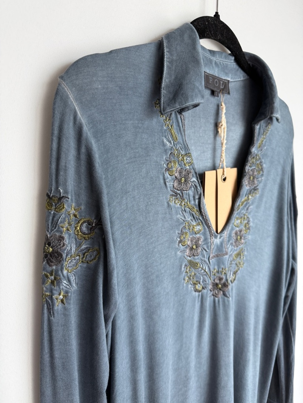 POL Slate Blue Embroidered V-Neck Dress Oversized Small